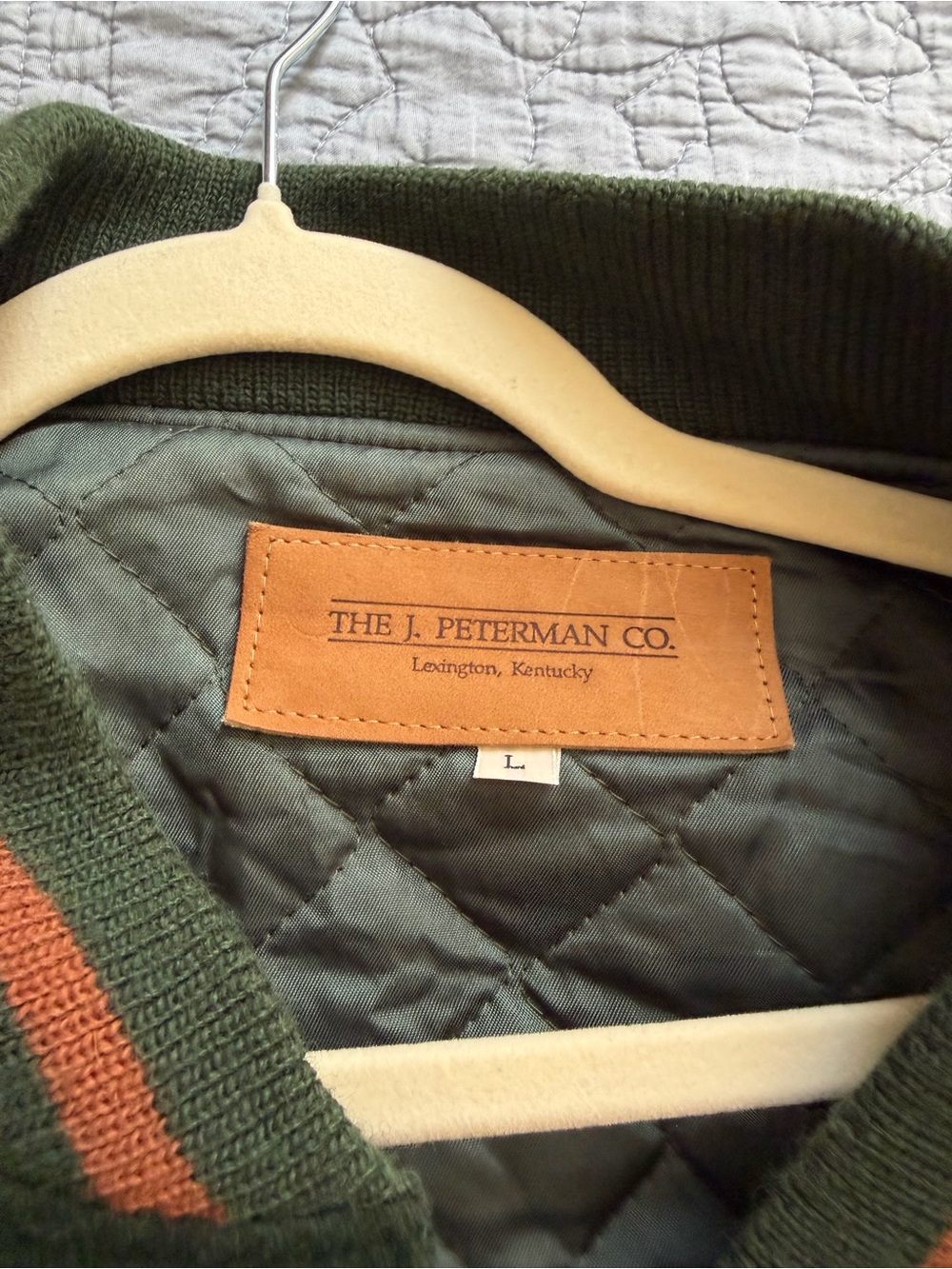 J. Peterman Olive Green Quilted Jacket with Tan Leather Label - Picture 2 of 3